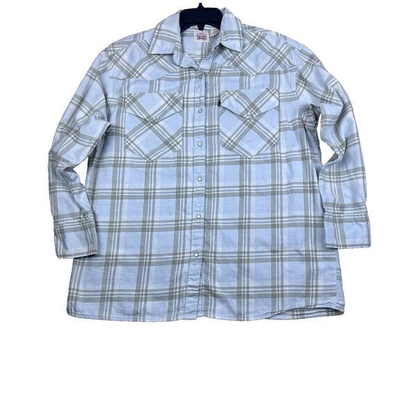 Levis Mens S Pearl Snap‎ Shirt Green Gray Plaid Western Long Sleeve Button Up - Picture 1 of 11